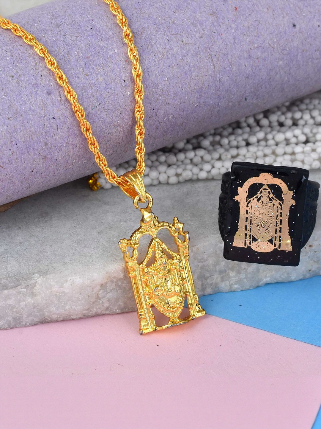 Missmister Brass Micron Gold plated Tirupati Pendant & Finger ring Combo