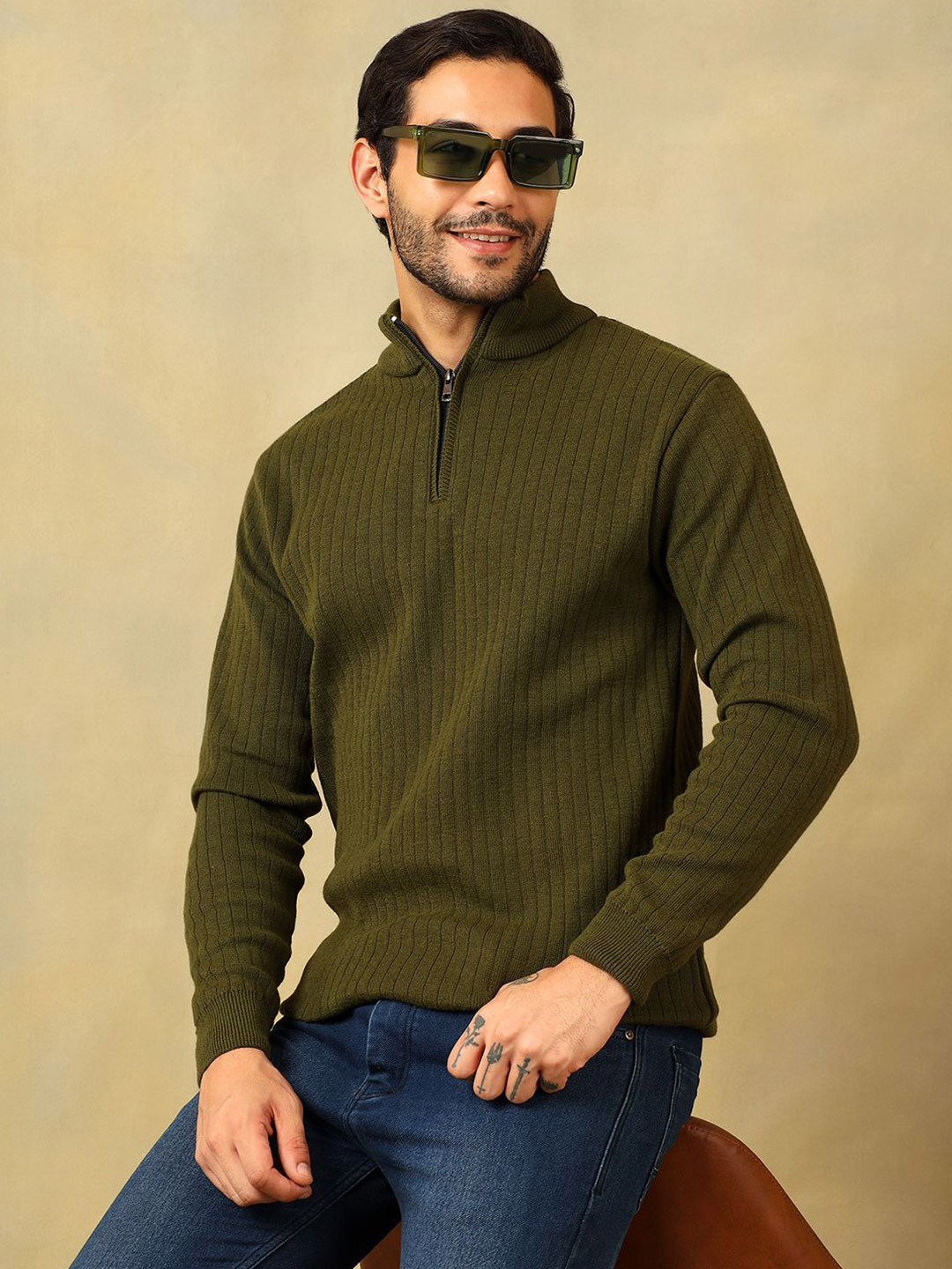 Voxmonks Striped High Neck Long Sleeves Acrylic Pullover Sweater