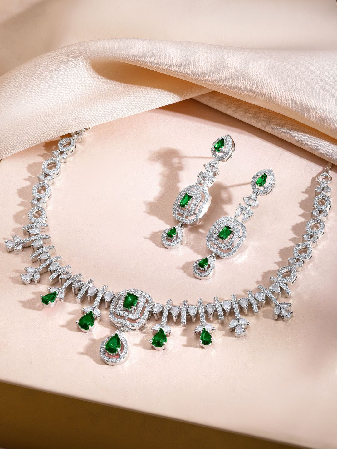 Rubans Rhodium-Plated Emerald Green Stone & Cubic Zirconia Studded Designer Necklace Set
