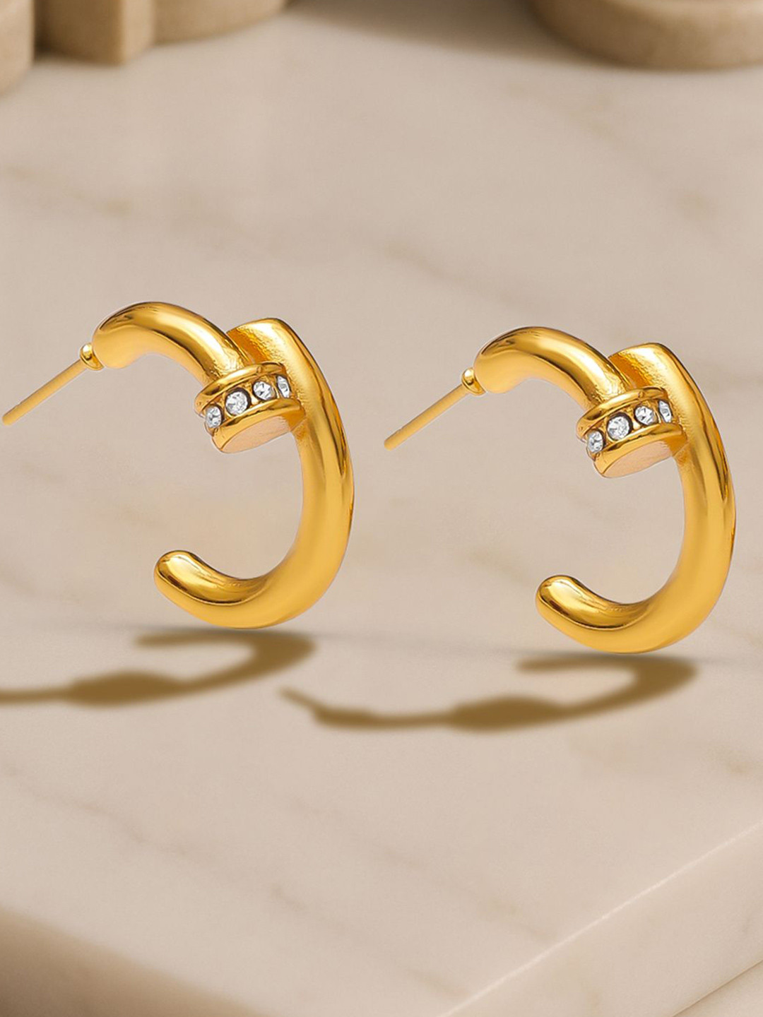 Rubans Voguish 18K Gold-Plated Stainless Steel Tarnish-Free Waterproof CZ Accent Open Hoop