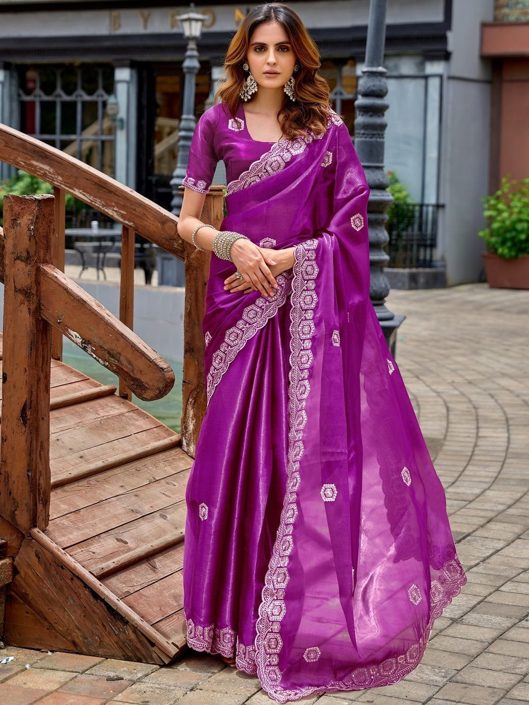 Suha Women Magenta Sequins Embellished Poly Chiffon Saree