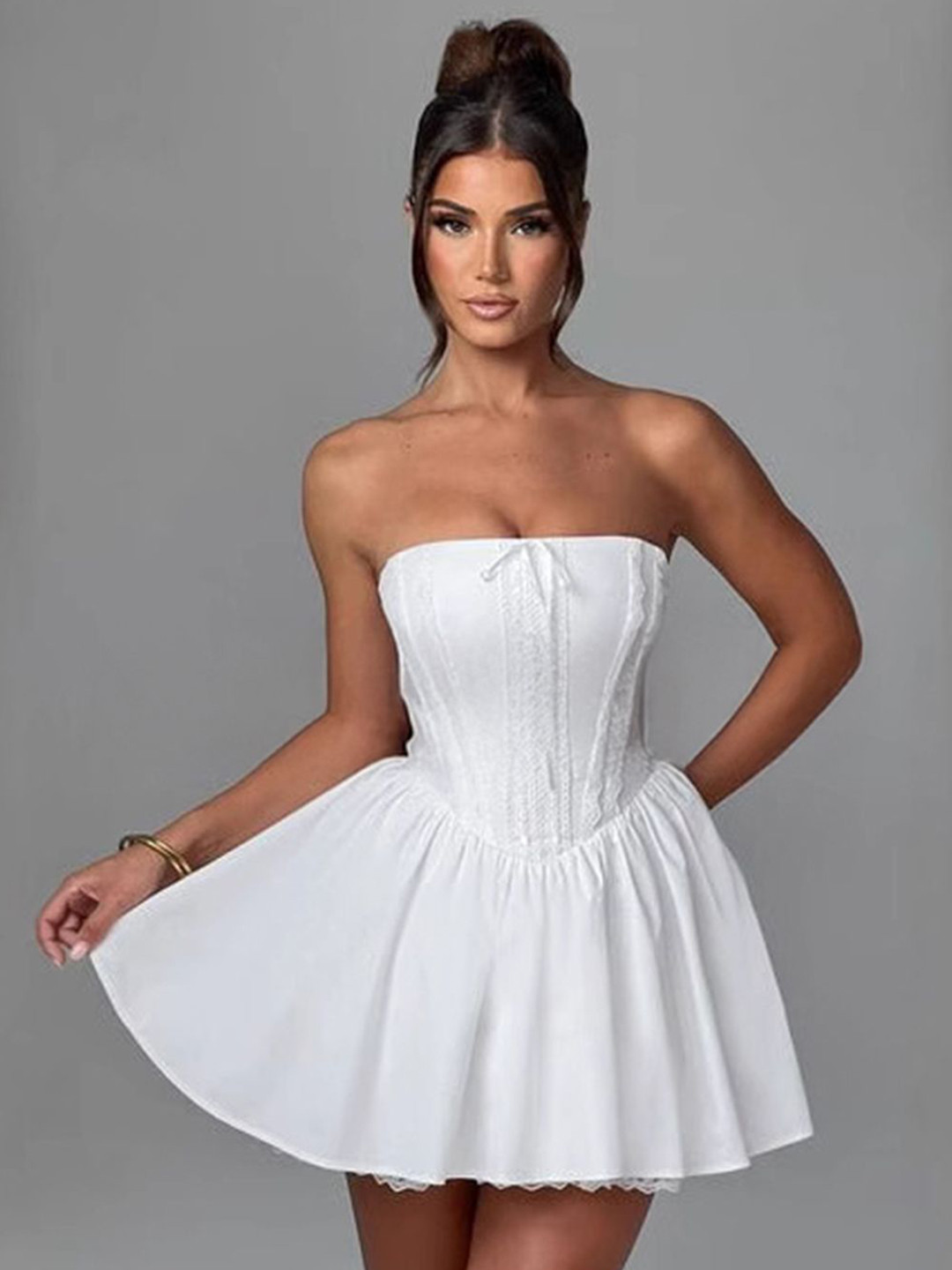 StyleCast Women Lace-Up Strapless Bandeau Mini Dress
