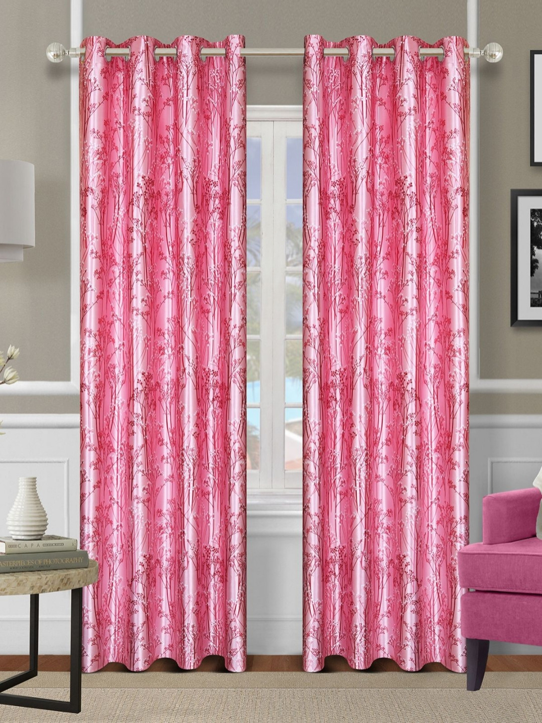 Aura Pink & White 2 Pieces Floral Printed Room Darkening Long Door Curtains