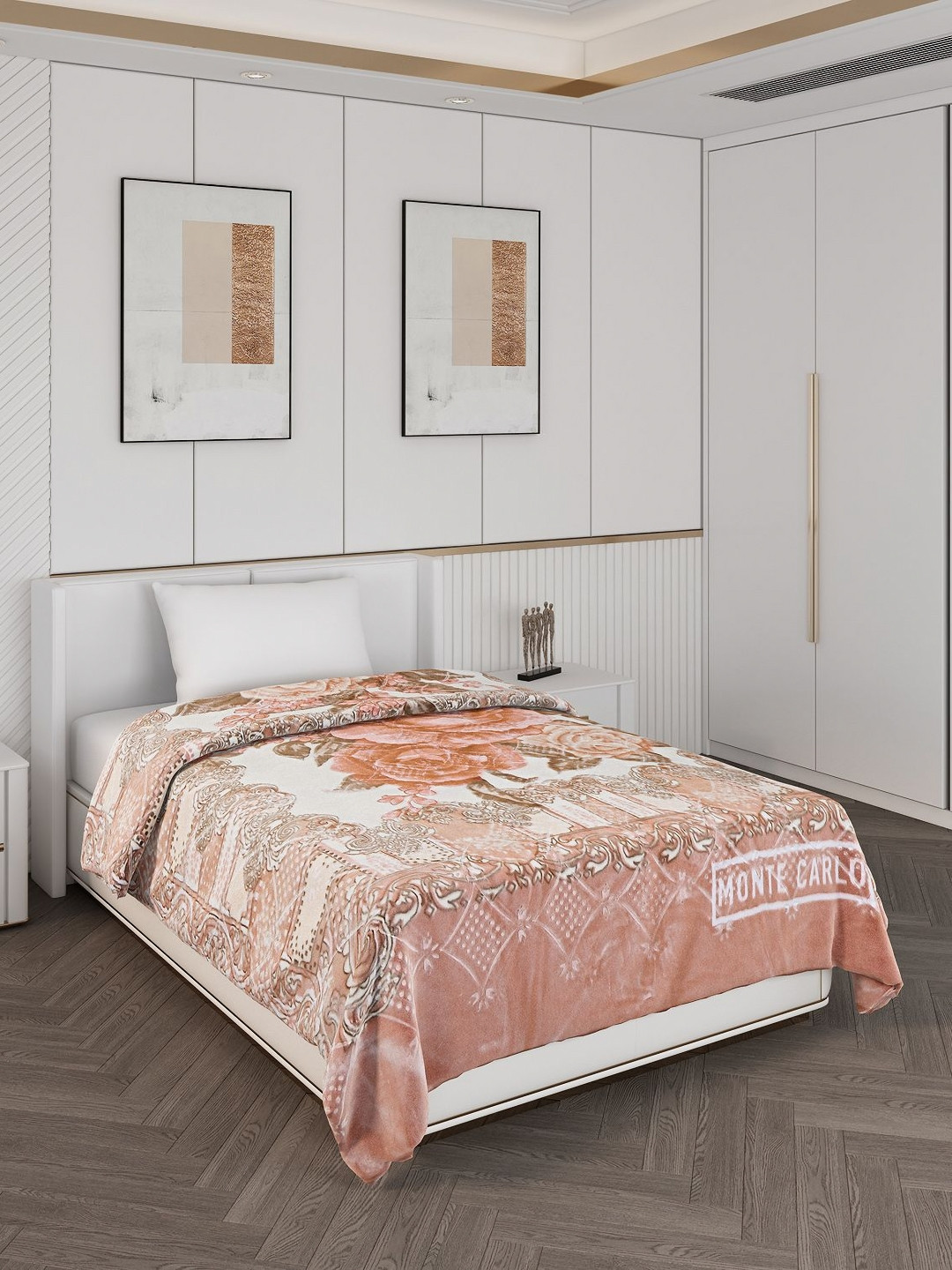 Monte Carlo White & Pink Printed Heavy Winter Single Bed Blanket 1278 GSM