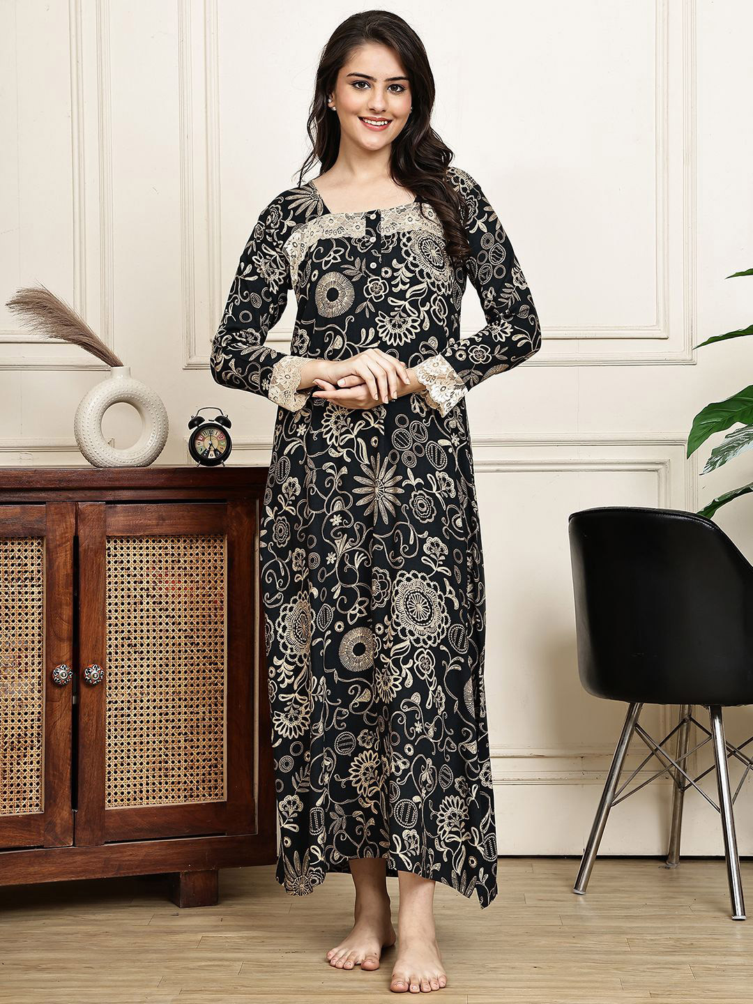 Claura Black Printed Viscose Rayon Maxi Nightdress