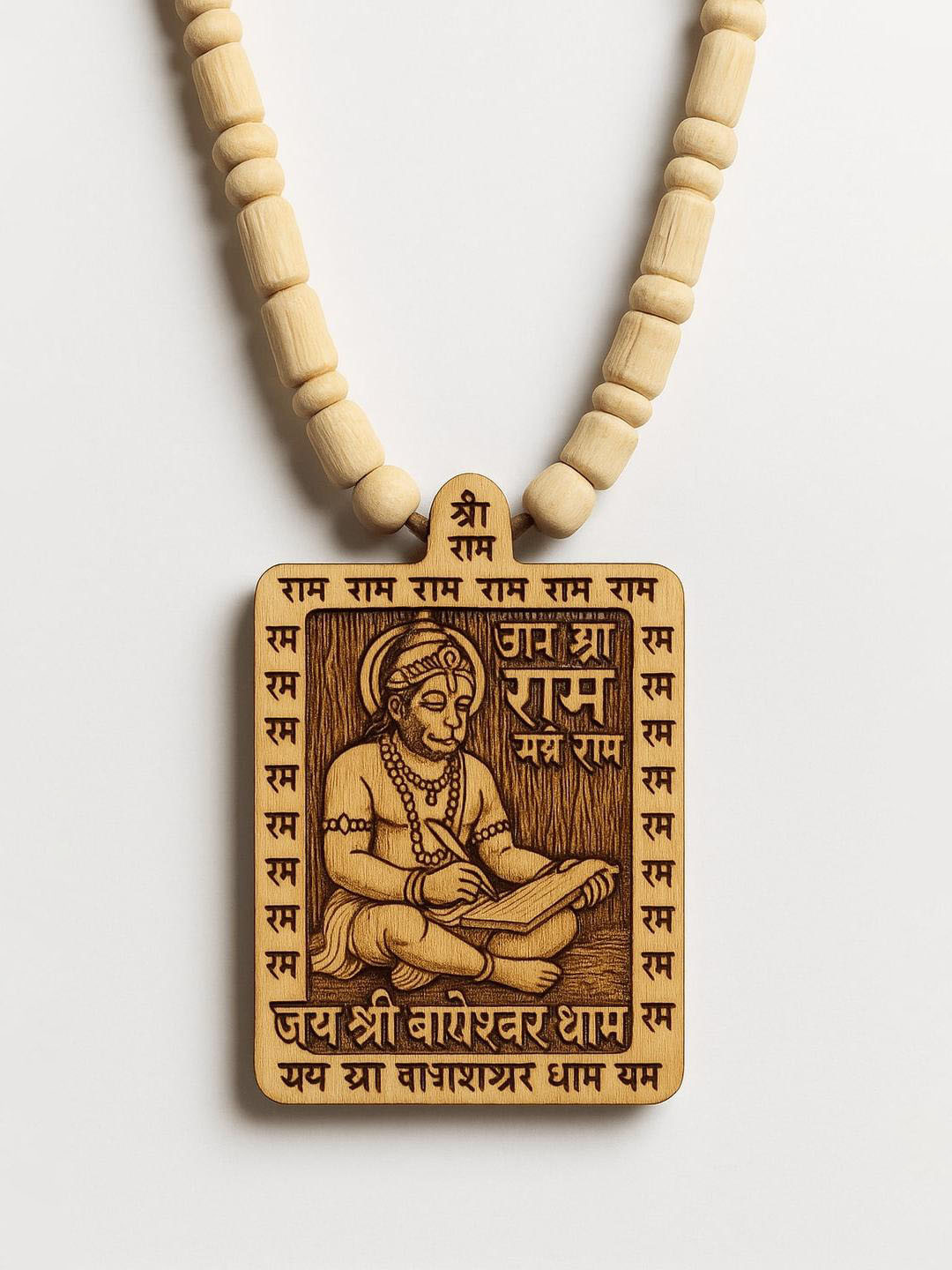 NAKSHATRA JUNCTION Handcrafted Wooden Hanuman Ram Bageshwar Dham Pendant Chain