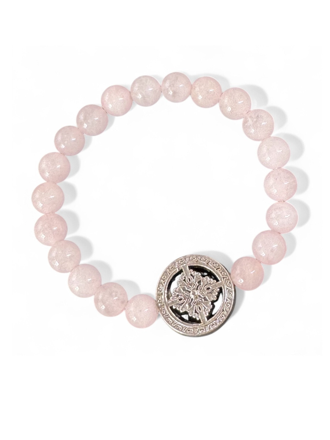 Gems Guru Unisex Pink & Silver-Toned Rose Quartz Crystals Beaded Metal Bracelet