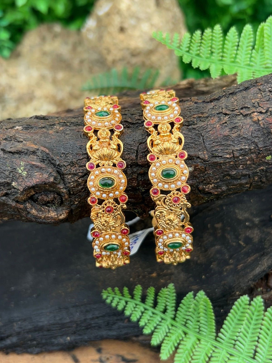 GRIIHAM Set Of 2 Gold Plated American Diamond And Pearls Studded Laxmi Bangles