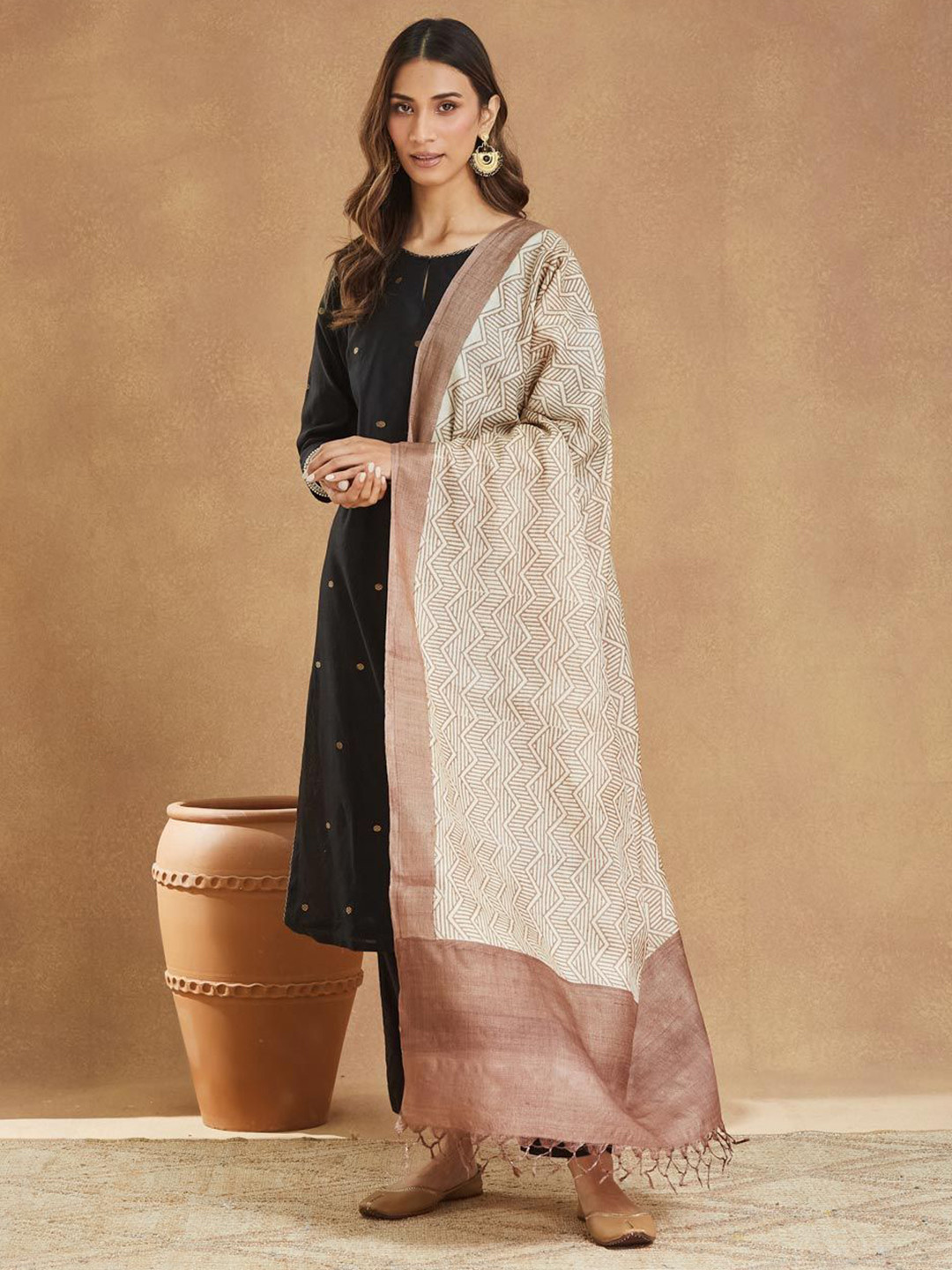 Fabindia Chevron Block Printed Silk Dupatta