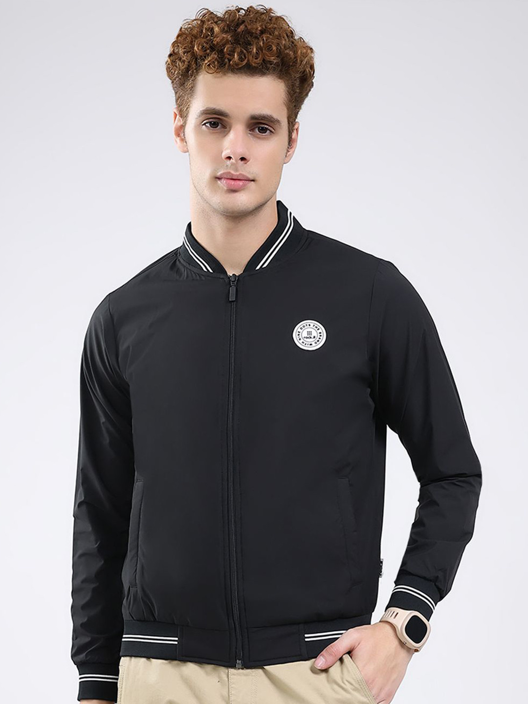 rock.it Men Stand Collar Solid Bomber Jacket