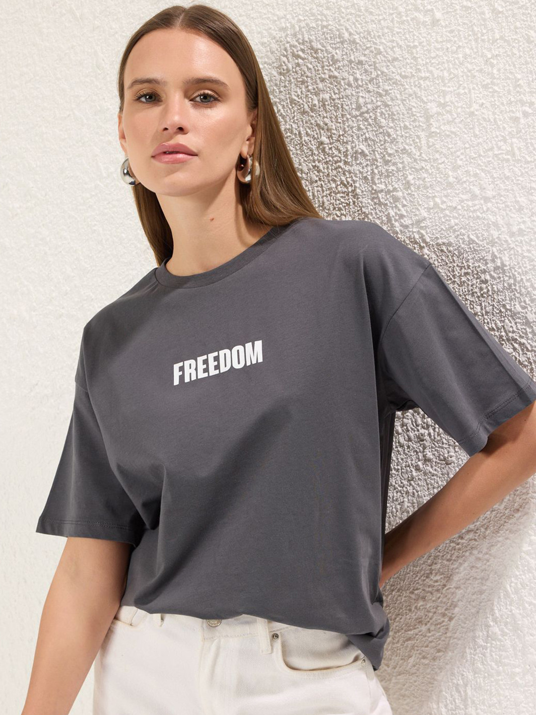 Trendyol Typography Printed Drop-Shoulder Sleeves Pure Cotton T-shirt