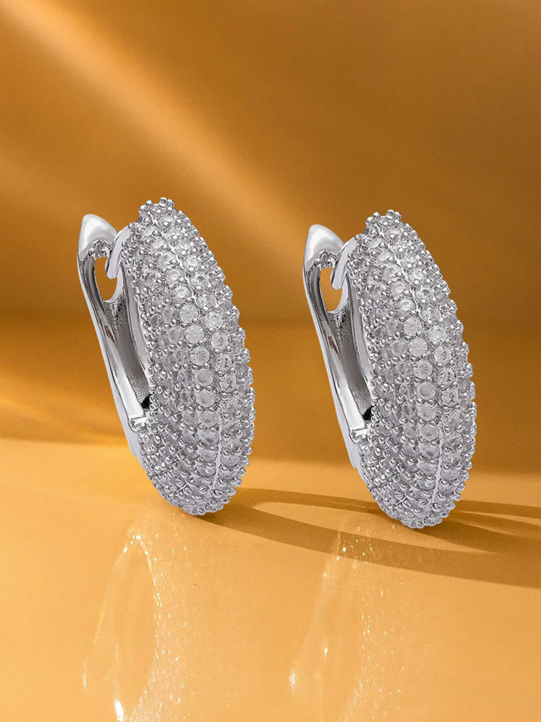 Rubans Rhodium-Plated Brass Textured Pave Hoop Earrings with Cubic Zirconia Accents