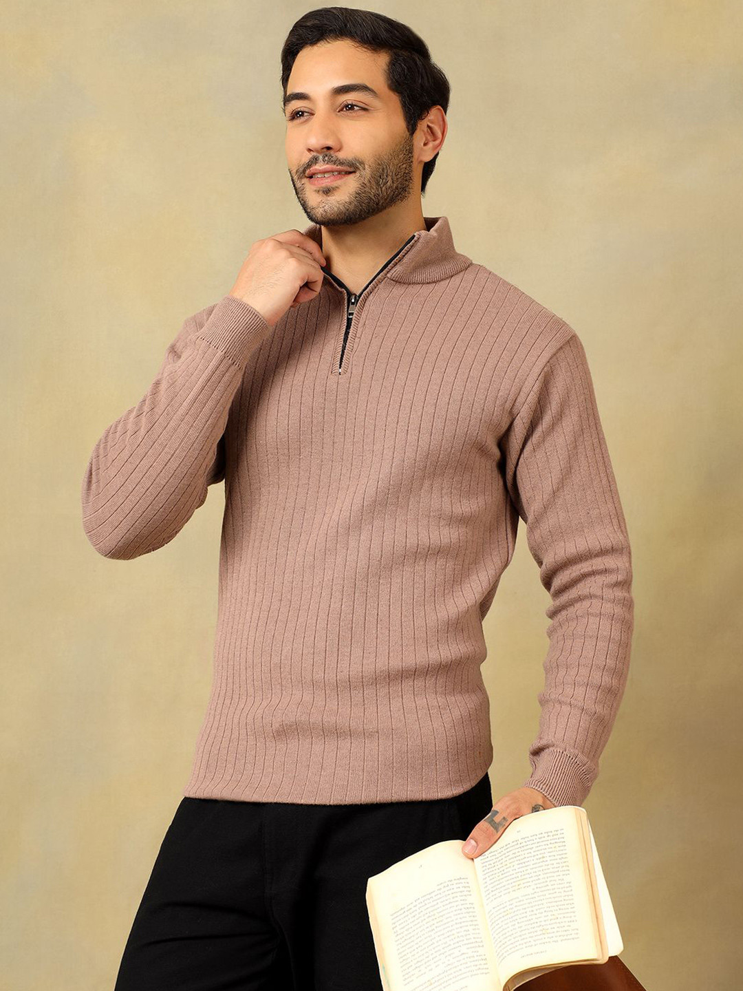 Voxmonks Men Solid Mock Collar Half Zipper Pullover Sweater