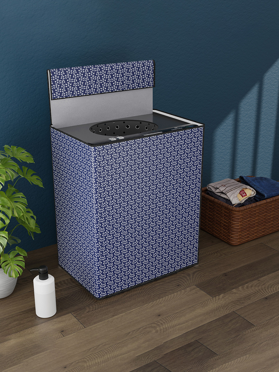 Myntra Elegant Homes Blue & White Printed Front Loaded Washing Machine Cover