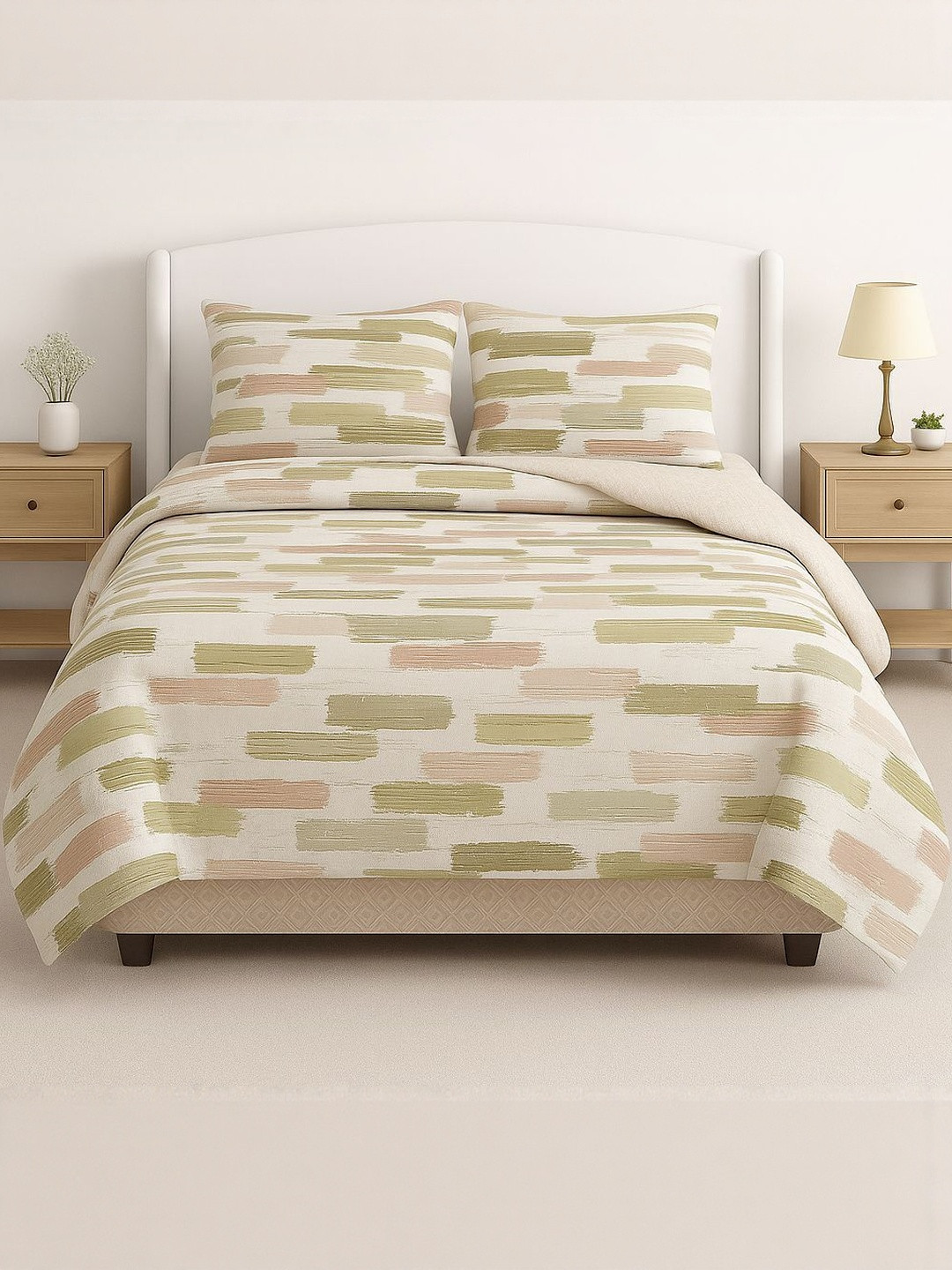 Signature Green & Beige Polycotton 4 Piece Double King Superfine Bedding Set