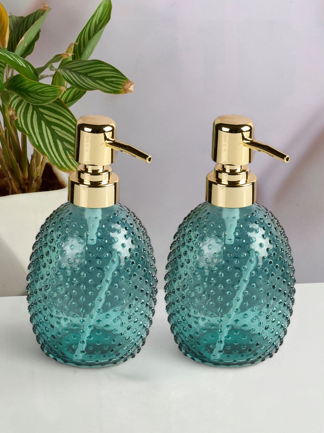 Kookee Green & Gold-Toned 2 Pieces Textured Glass Soap Dispensers-375 ml