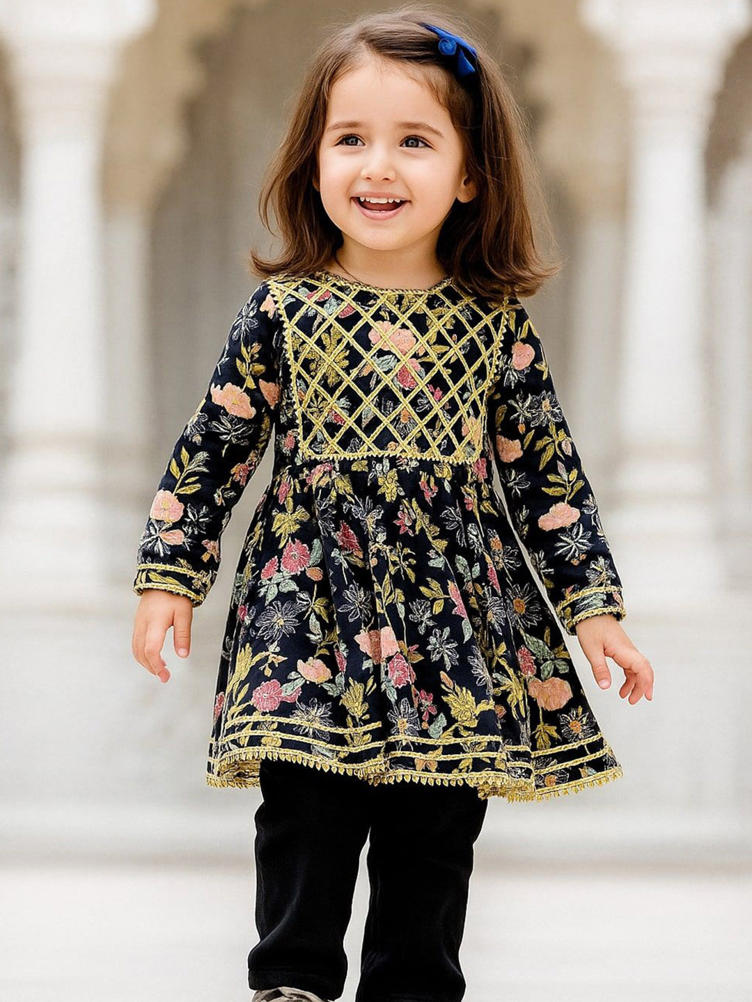 Mamma's Bear Girls Floral Printed Empire Gotta Patti Pure Cotton Kurti with Pyjamas