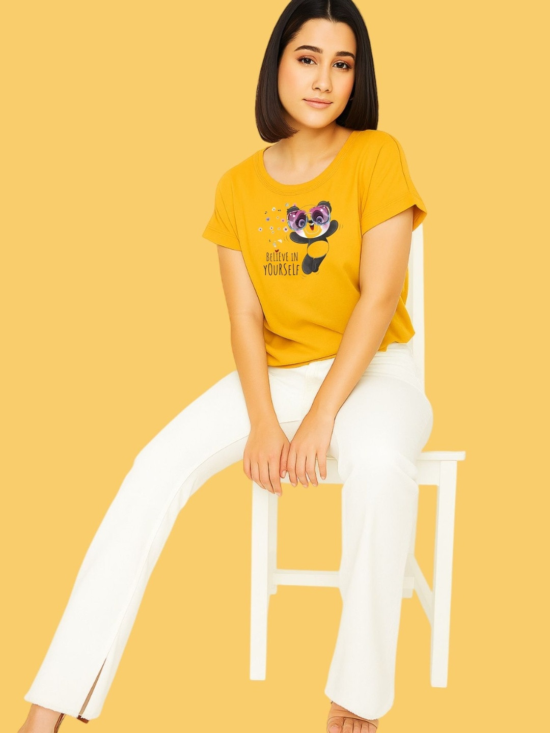 Kushi Flyer Women Yellow Polyester Printed Regular Fit Tshirts