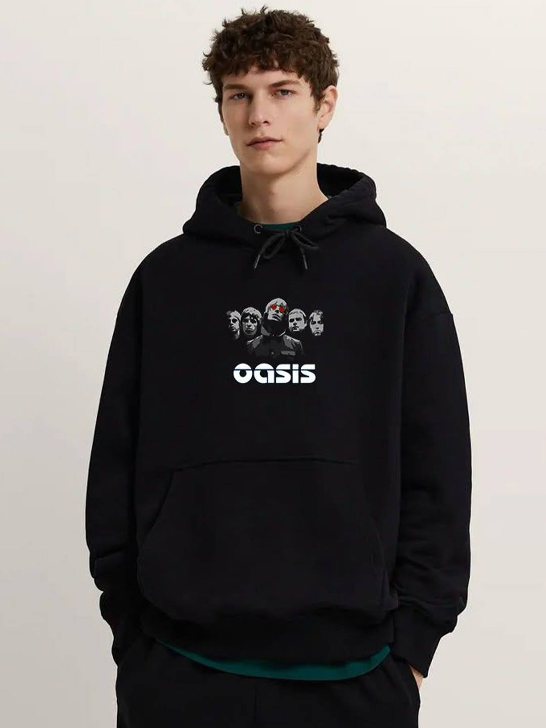 Men Black Oasis Printed Hooded Sweatshirt