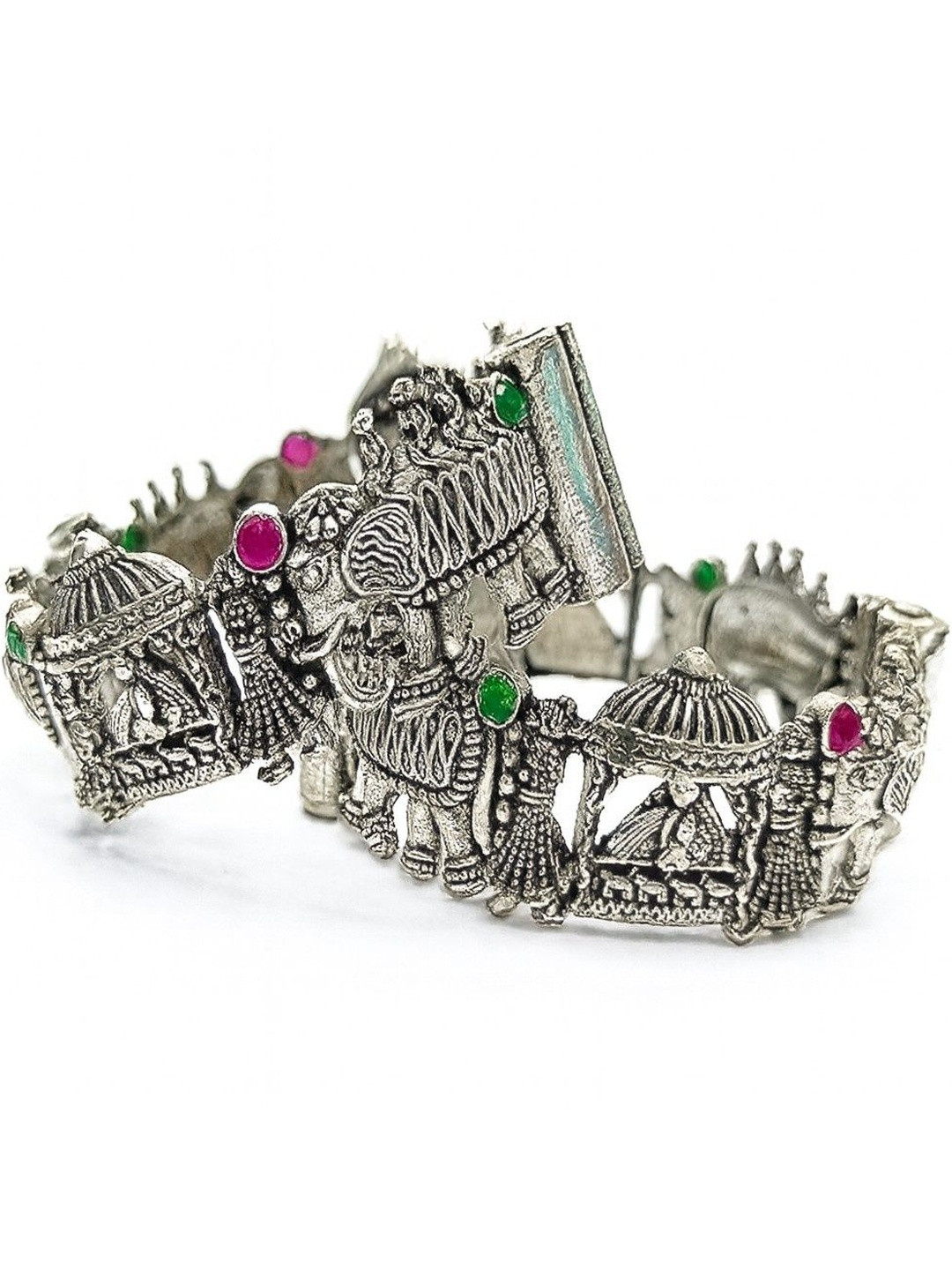 athizay Set of 2 Athizay Rajwada Antique Silver Doli & Elephant Engraved Bracelet