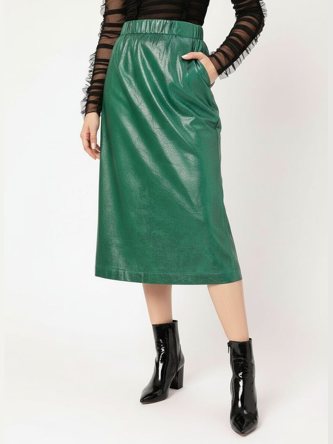 DressBerry Regal Radiance Faux Leather Coating Midi Straight Skirt