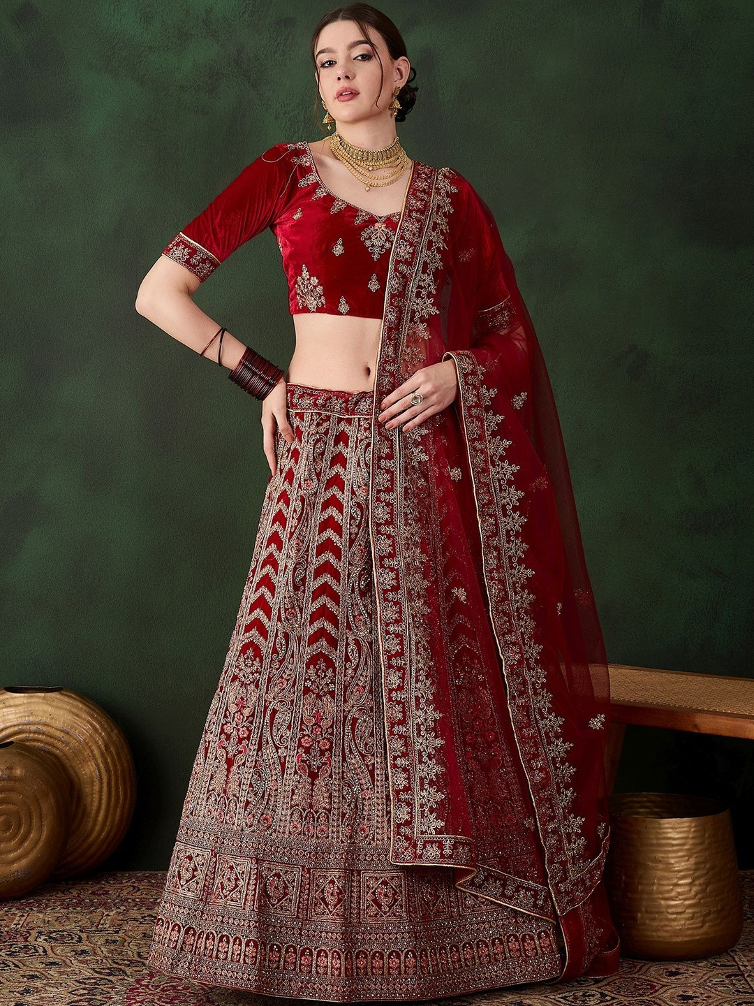 Suha Women Maroon Velvet Embroidered Unstitched Lehenga Choli With Dupatta