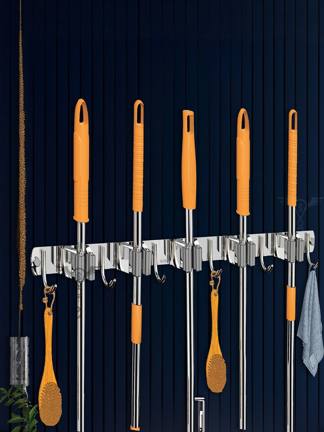 Sittella 2 Pcs Stainless Steel 5 Racks With 6 Hooks Wall Mounted Broom & Mop Stick Holder