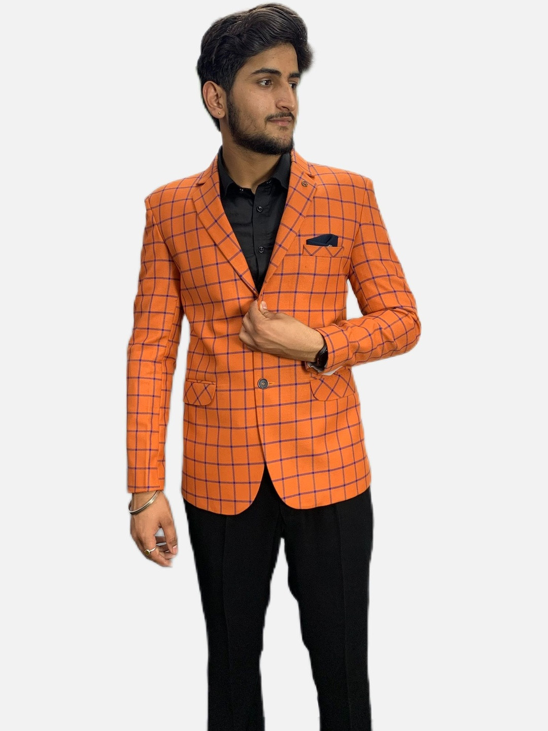 GARGIAN Master Cut Men Orange Polyester Checked Single Breasted Blazer
