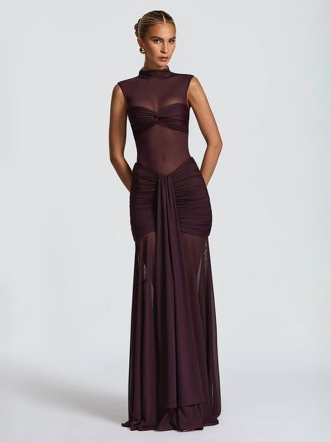 Bee Boe Women Orchid Solid Mesh Plum Maxi Skirt