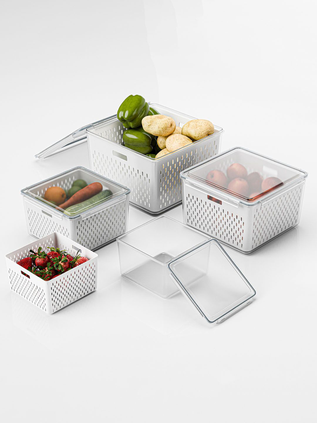 Kuber Industries White 4 Pieces Plastic Fridge Storage Container with Colander