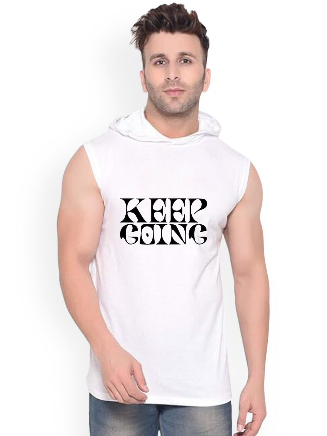 Fashnobic Men Printed Hooded Neck Sleeveless Cotton Gym Vest