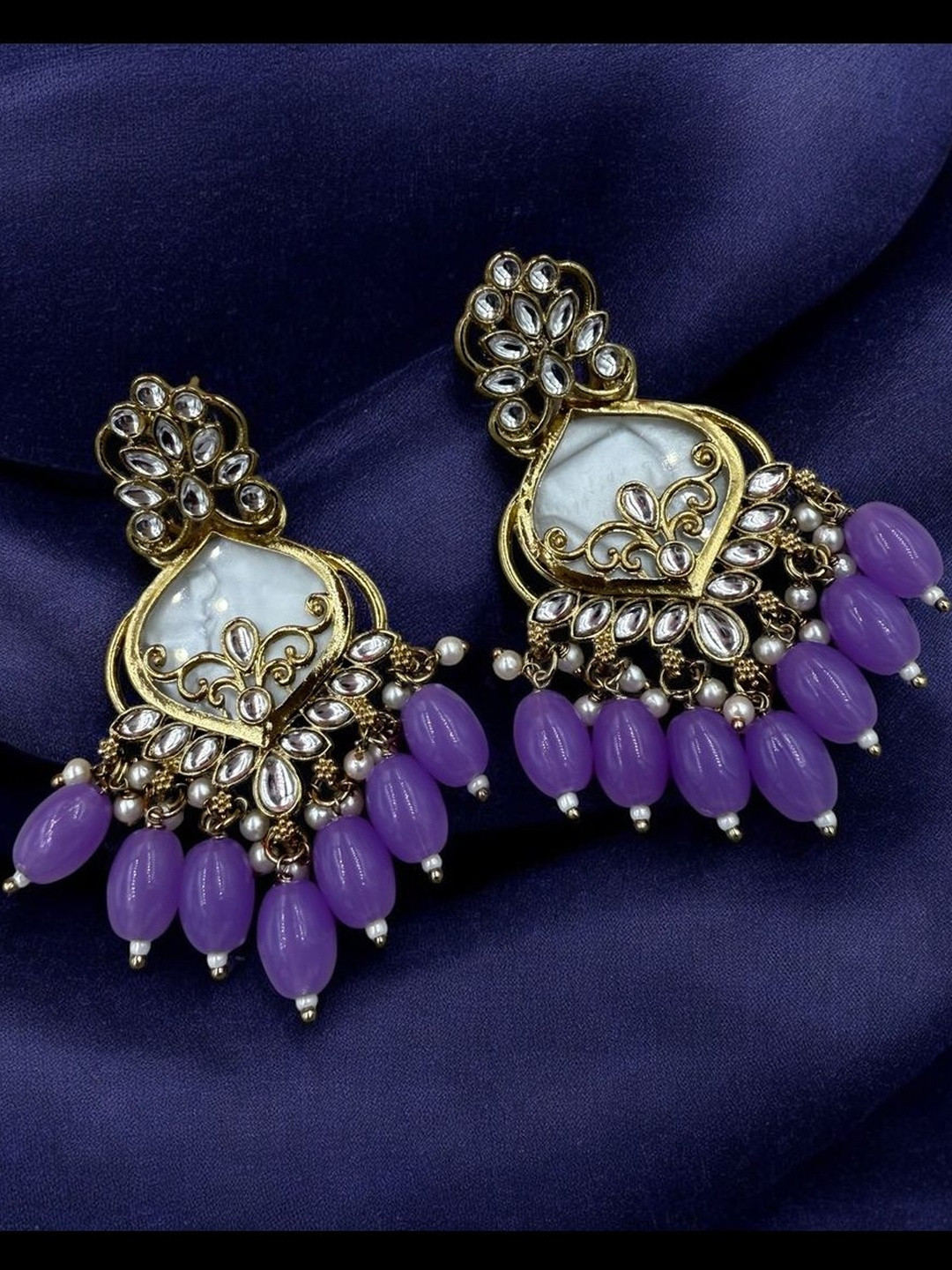 strucker Gold-Plated Kundan Studded & Artificial Beaded Teardrop Shaped Drop Earrings