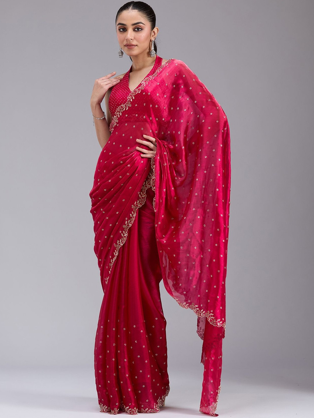 Koskii Rani Pink Stonework Gold Tissue Saree