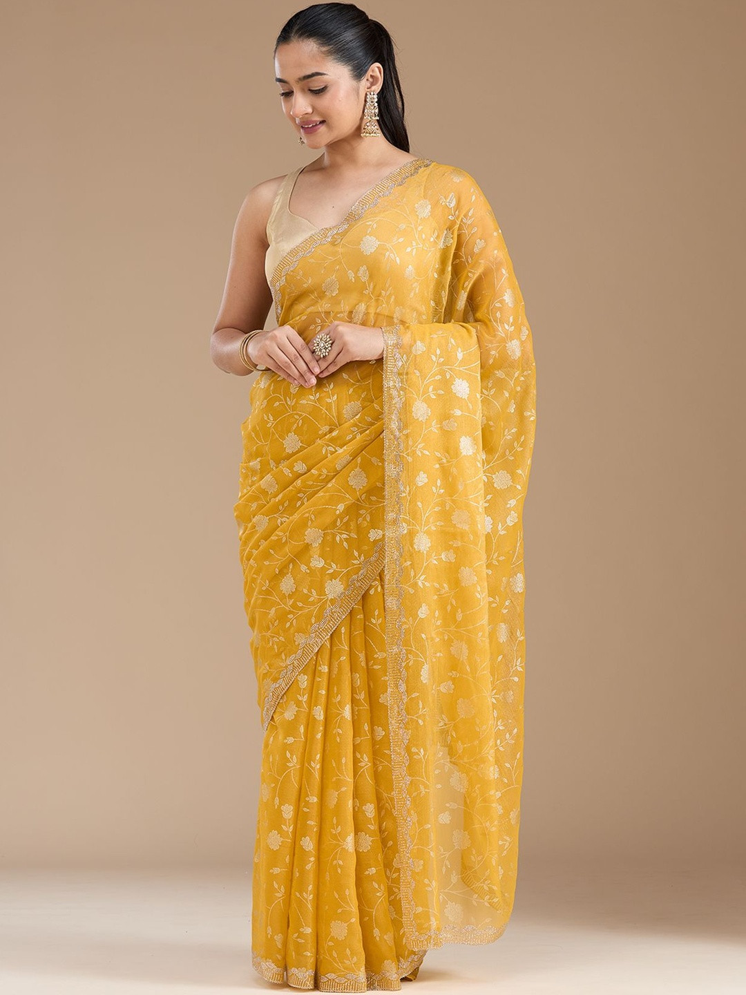 Koskii Floral Embroidered Badla Tissue Saree
