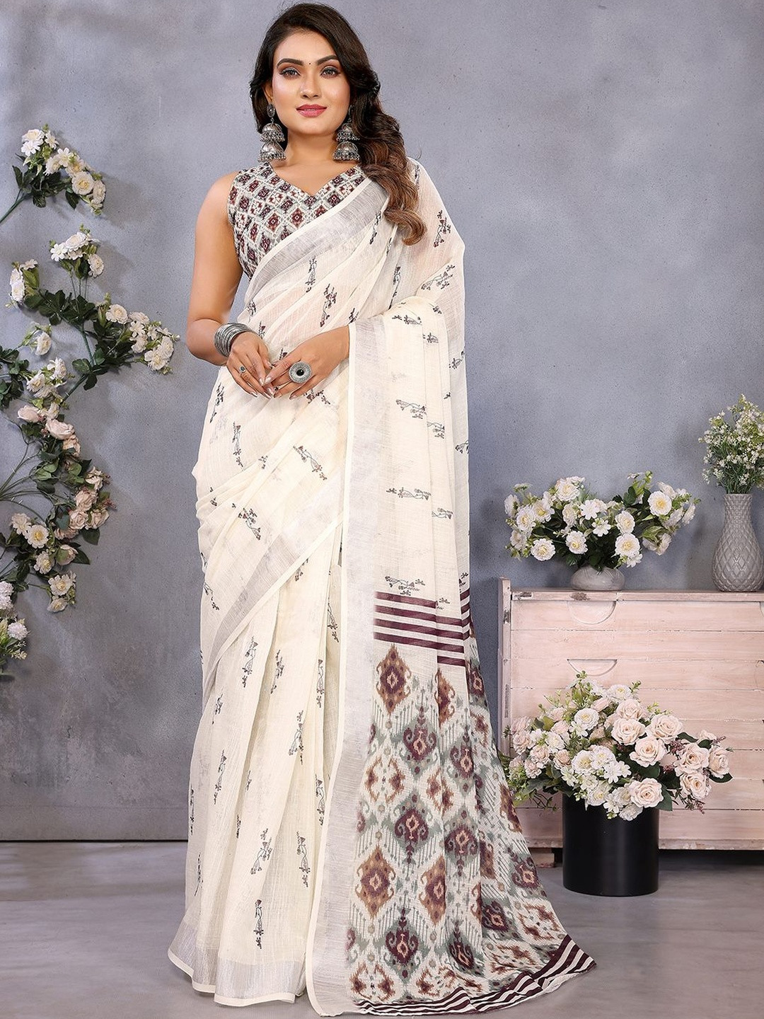 Moda Rapido Patola Ikkat Printed Zari Pure Linen Saree