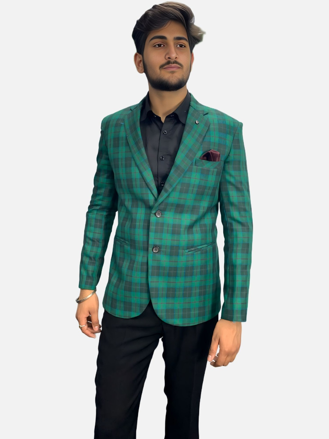 GARGIAN Master Cut Men Green Checkered Single Breasted Formal Party Blazer