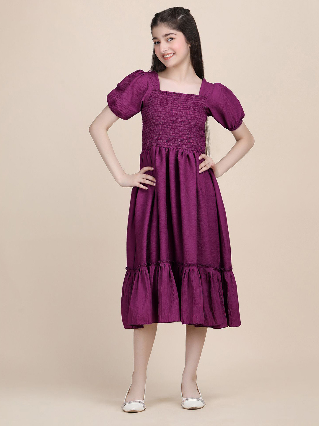 Pinly Girls Puff Sleeve Tiered Smocked Detail Fit & Flare Midi Dress