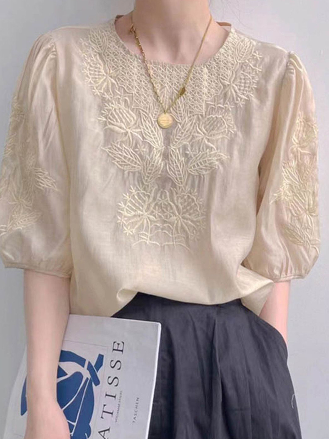 all about you Women Embroidered Puff Sleeve Top