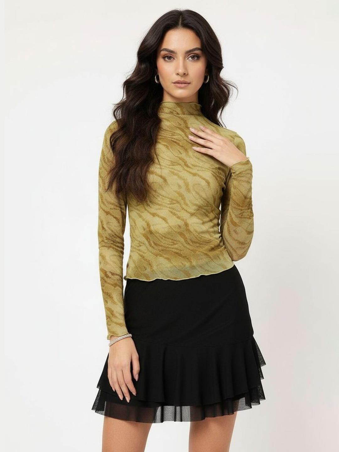 DressBerry Y2K Glam Animal Textured Jacquard Semi Sheer Top