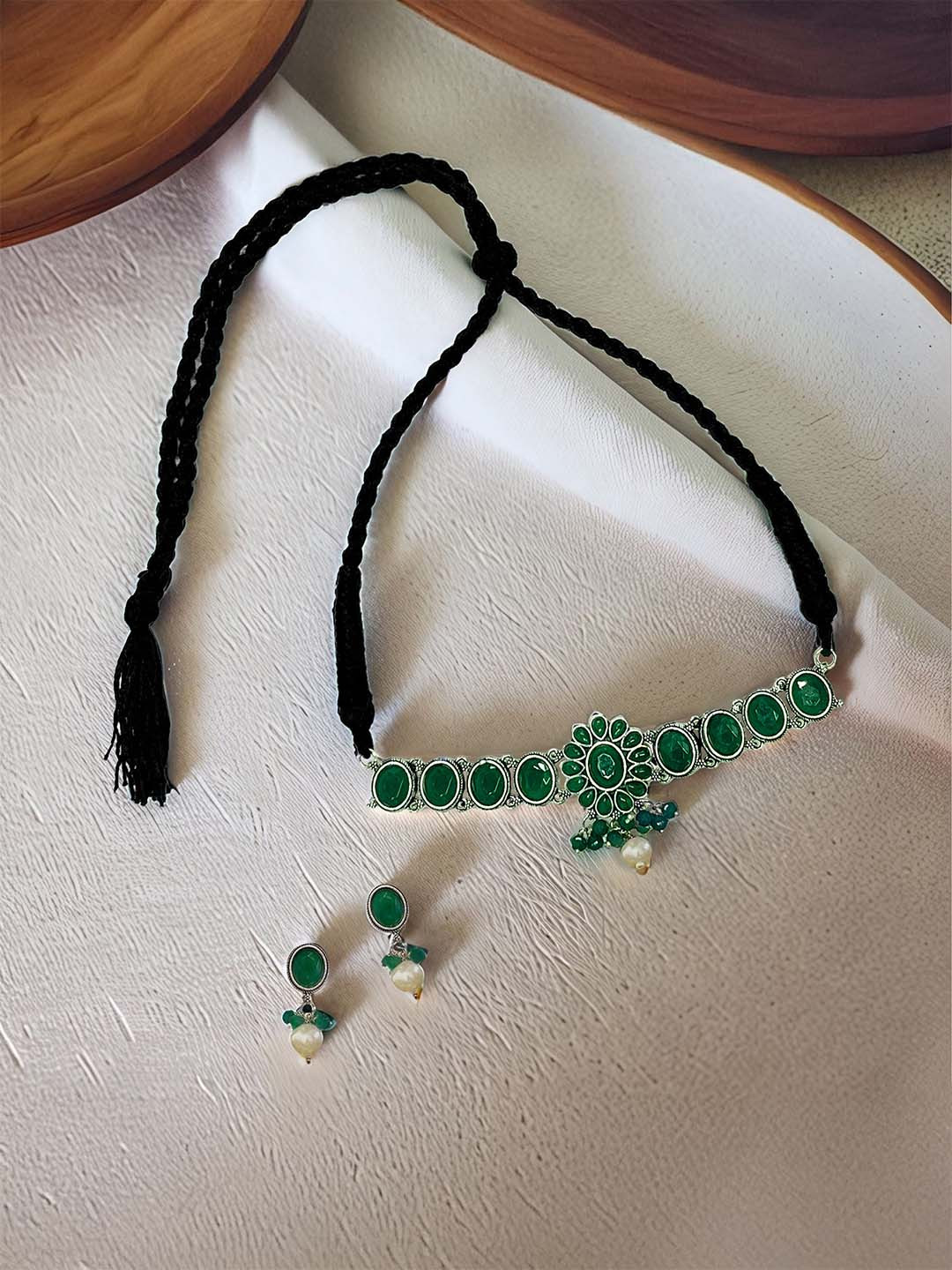 Kalakrith Milano Stones Studded & Pearls Beaded Oxidised Choker Necklace & Earrings