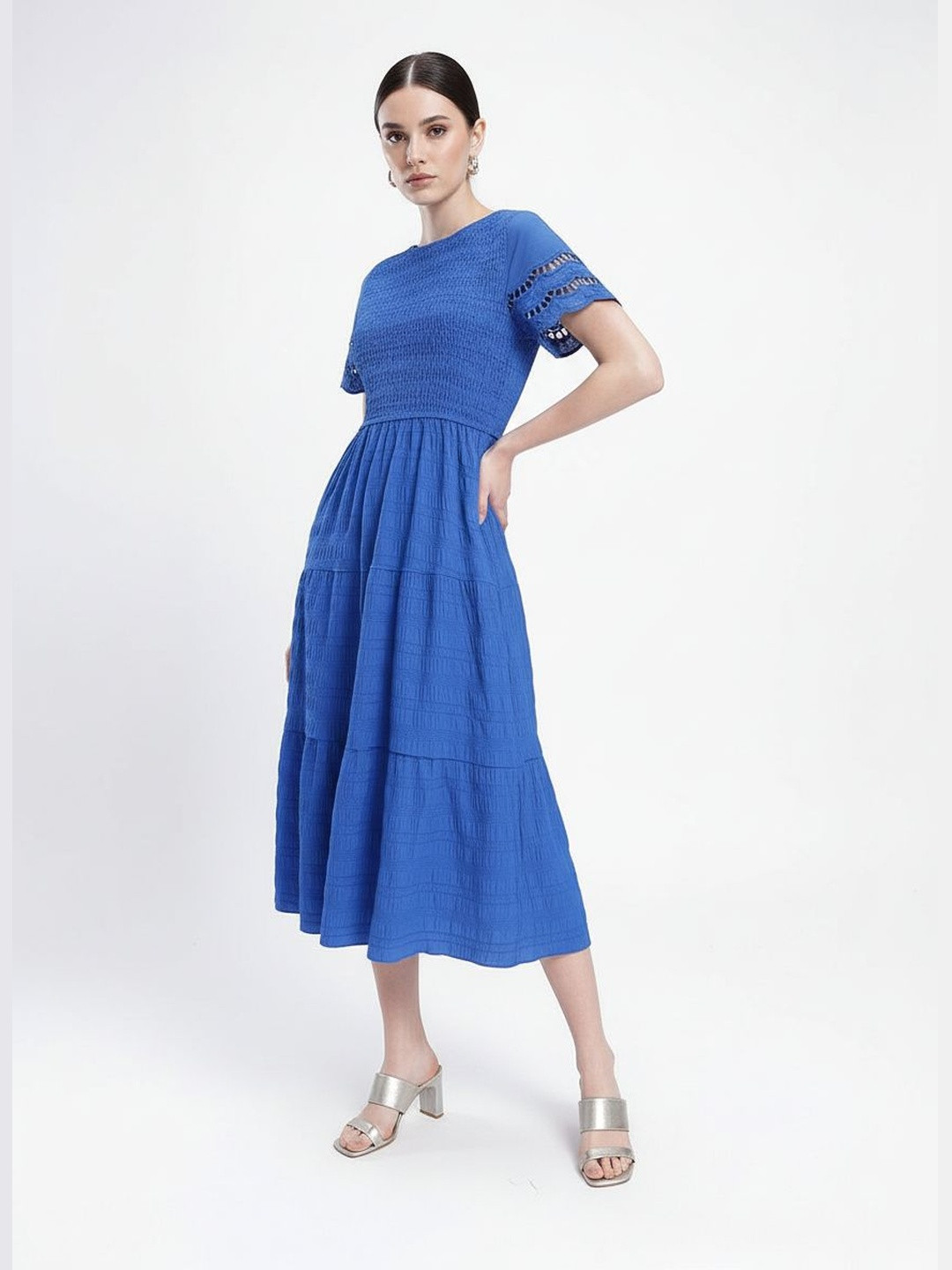 French Connection Smocked Self Checked Tiered A-Line Midi Dress