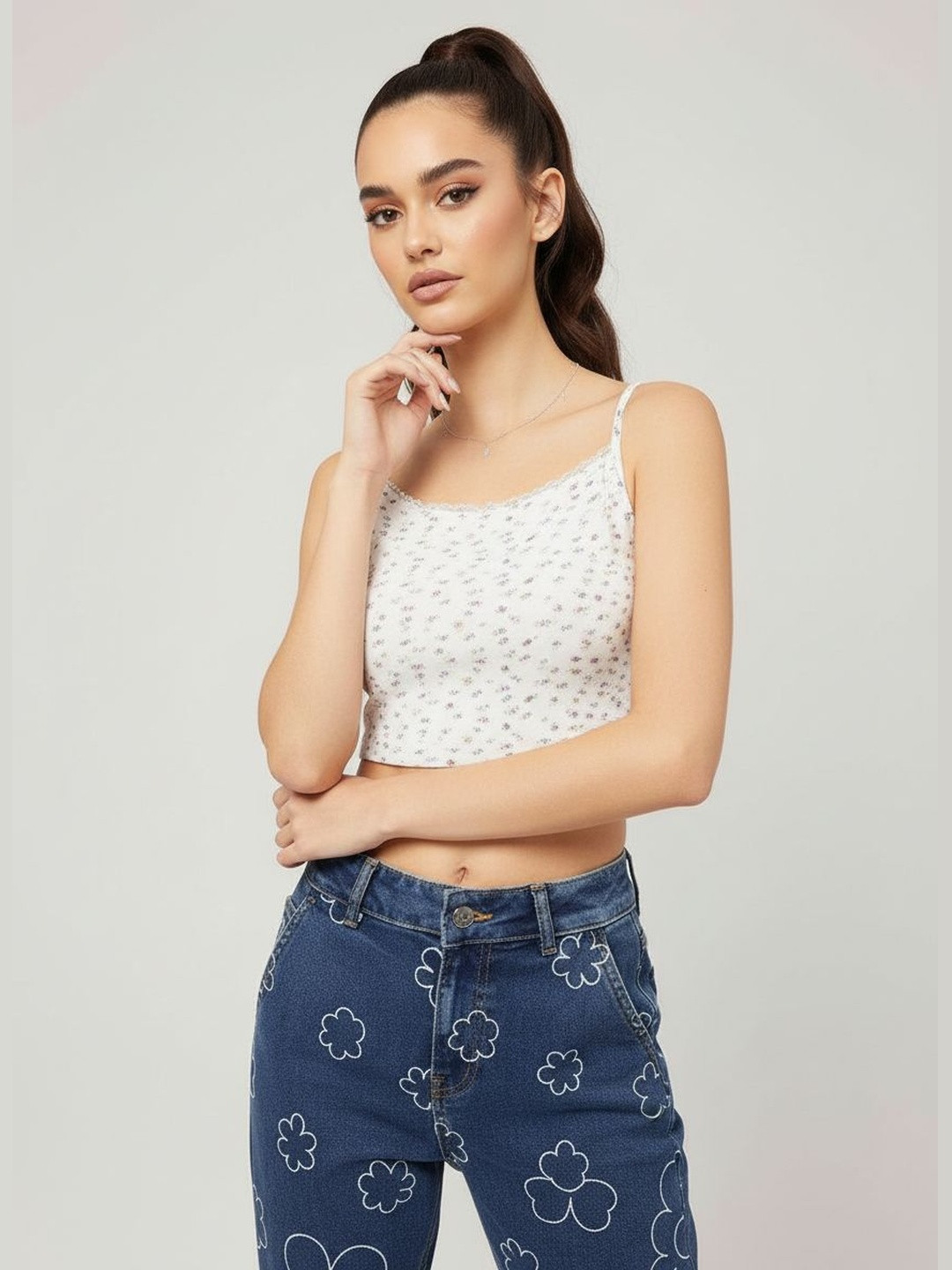 DressBerry Tiny Blooms Lace Insert Cami Crop Top