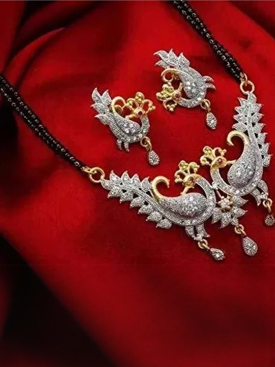 Molika Artificial Stones Studded & Beaded Mangalsutra With Earrings