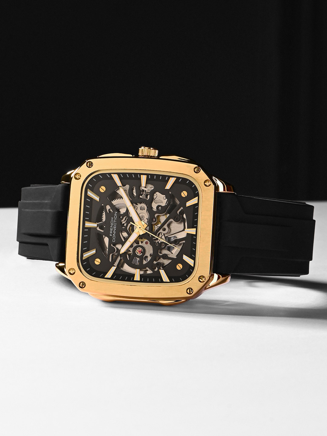 French Connection Siloflex Men Skeleton Square Dial Automatic Motion Powered Watch FCA18BL