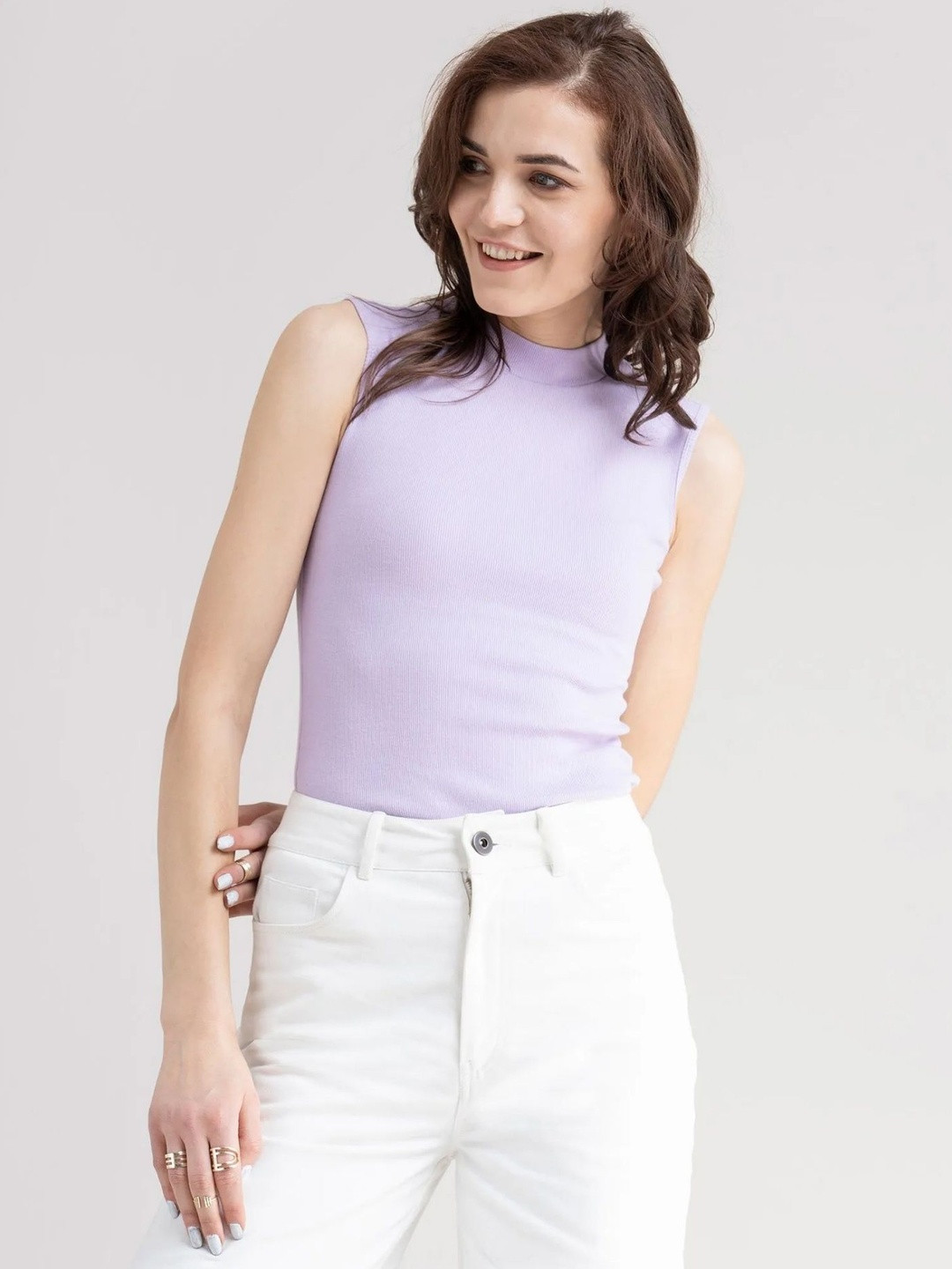 Lavender Ribbed High Neck Sleeveless Top