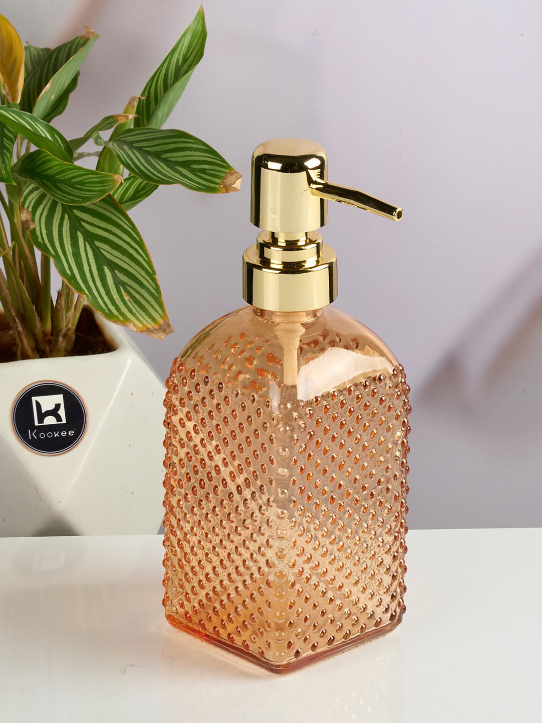 Kookee Orange Colored & Gold Toned Textured Glass Soap Dispenser 400ml