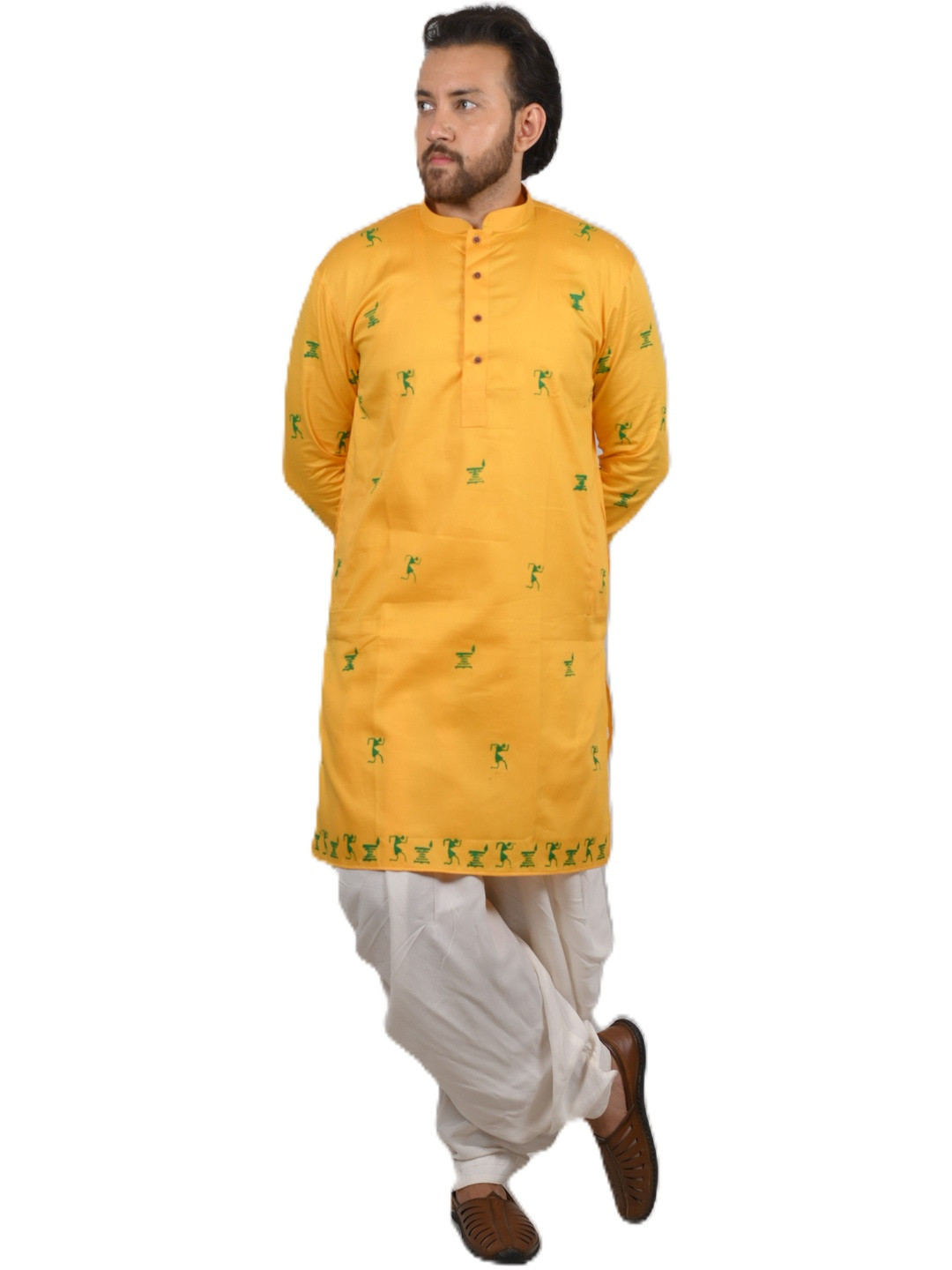 aruati Men Yellow & Green Block Printed Mandarin Collar Cotton Blend Kurta