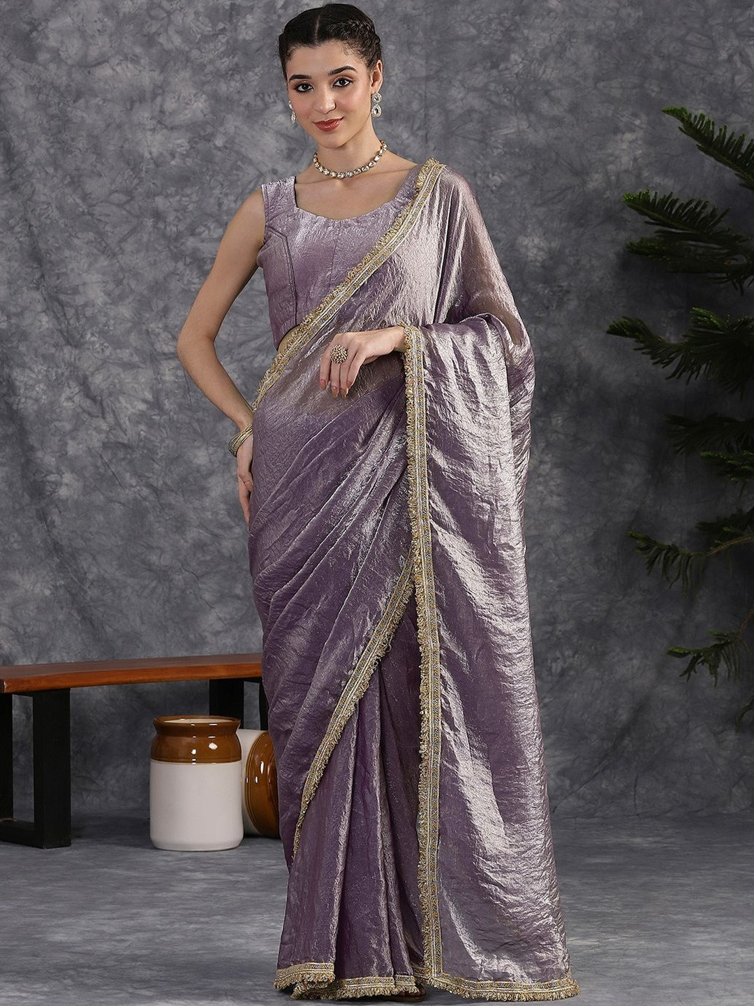 Labheshwari Embellished Sequinned Tissue Sarees With Blouse Piece