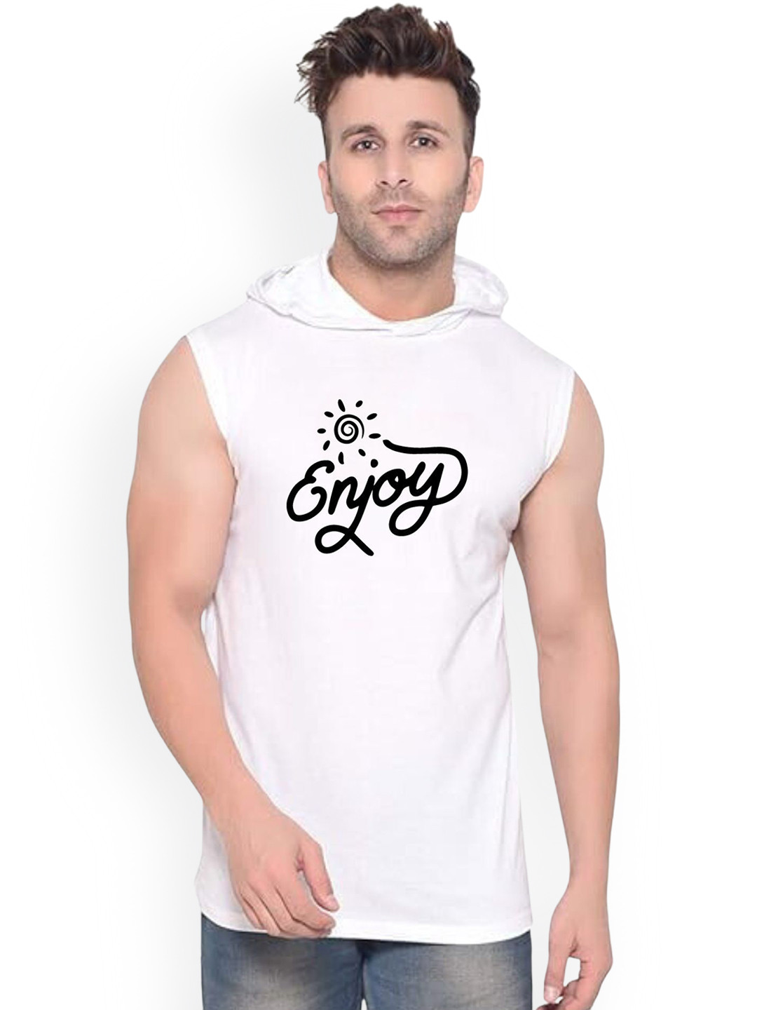 Fashnobic Men Enjoy Printed Hooded-Neck Gym Vests FB-104_print-119_gym_vest White M