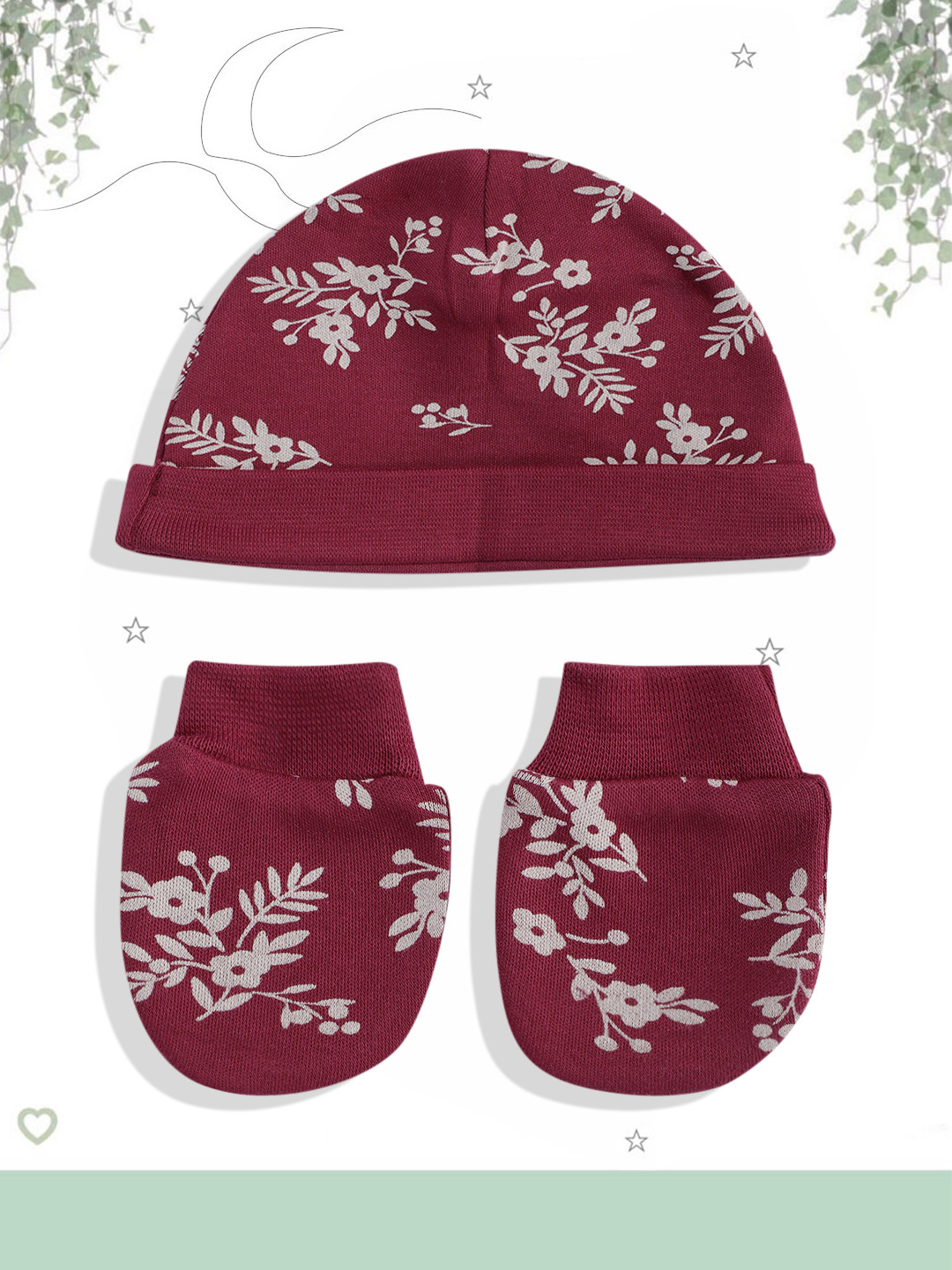 mothercare Infant Girls Floral Print Pure Cotton Beanie with Pair of Mittens